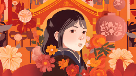 Chinese girl with a lot of flowers. Vector illustration in cartoon style.の素材