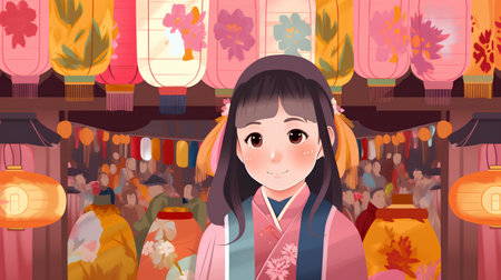 Happy Chinese New Year. Cute cartoon girl in traditional costume.の素材
