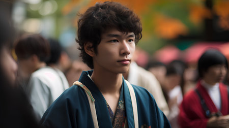 young man wearing traditional japanese kimono in the streetの素材
