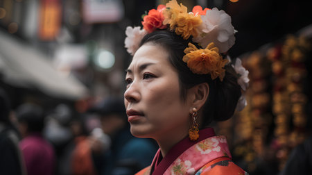 Unidentified Chinese woman in traditional costume in the street.の素材