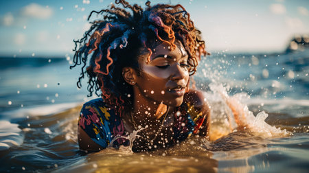 Young african american woman with dreadlocks swimming in the sea.の素材
