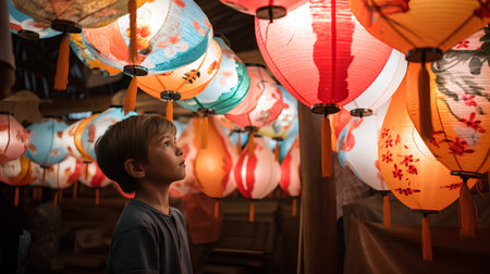 Little boy with paper lanterns in chinese temple, Thailand.の素材