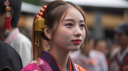 Unidentified Japanese woman in kimono at the annual geisha festival in Kamakura, Japan.の素材