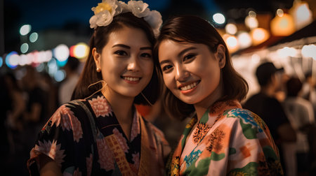 Two beautiful young asian woman in kimono walking in the street at nightの素材