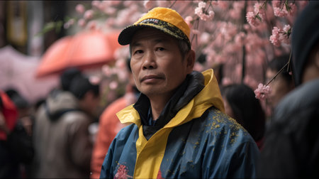Unidentified Japanese man in a yellow raincoat and a yellow hat walks through the streets of Tokyo.の素材