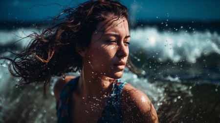 Beautiful young woman splashing water on the beach in summer.の素材