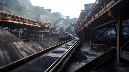 Coal mine with conveyor belt in the evening, 3D renderingの素材