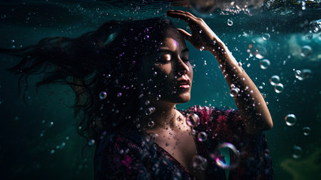 Beautiful asian woman underwater with soap bubbles in her hand.の素材