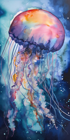 Colorful jellyfish in the ocean. Original watercolor painting.の素材