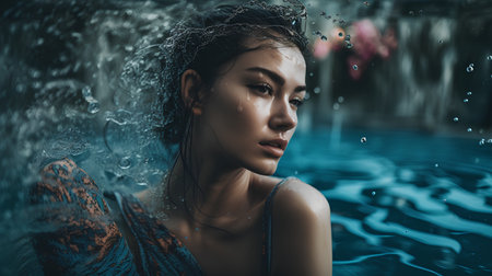 Beautiful brunette woman in a swimming pool with water drops.の素材