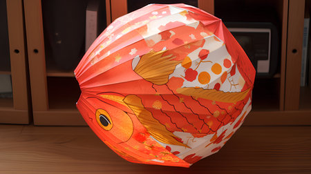Colorful paper lantern in the shape of a fish on the tableの素材