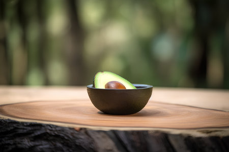Avocado in a bowl on a wooden table with nature background.の素材