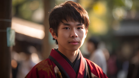 young japanese boy in kimono looking at the cameraの素材