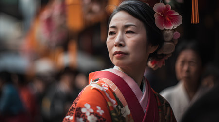 Japanese woman wearing a kimono walking in the street of Kyotoの素材
