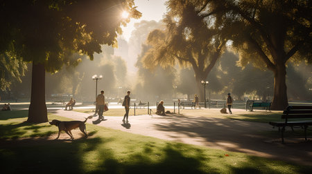 People walking in the park at sunrise with fog and sun rays.の素材