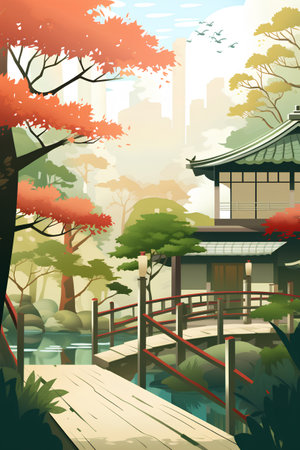 Autumn Japanese garden with bridge and pavilion, vector illustration.の素材