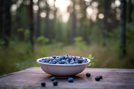 Fresh blueberries in a bowl on a wooden table in the forestの素材
