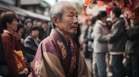 Unidentified Japanese old man in kimono in Kamakura, Japan.の素材