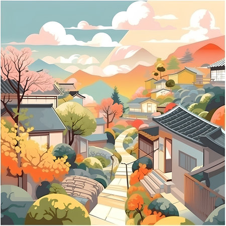 Autumn landscape in the Japanese village. Vector illustration. Eps 10の素材