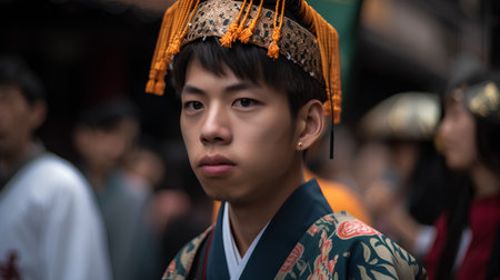 Unidentified Japanese boy in traditional costume at Asakusa temple in Tokyo, Japan.の素材