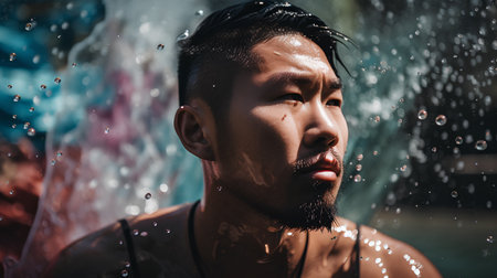 Portrait of young Asian man with wet hair and beard taking a shower.の素材
