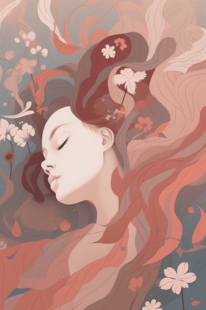 Illustration of a beautiful girl with long hair and flowers in her hairの素材