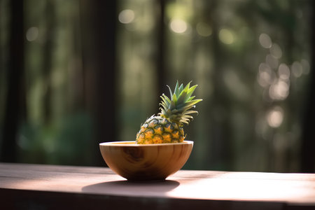 Pineapple in a wooden bowl on a wooden table in the forestの素材
