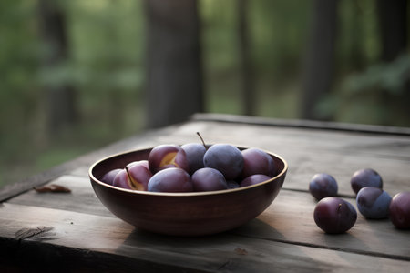 Plums in a bowl on a wooden table in the garden.の素材