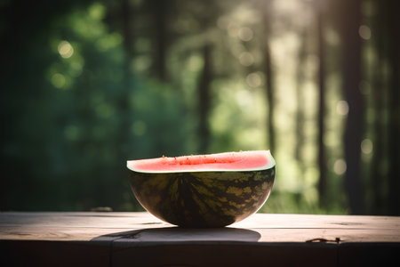 Ripe watermelon on wooden table in the garden. Selective focus.の素材