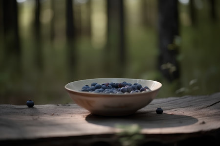 Blueberries in a bowl on a wooden table in the forest.の素材