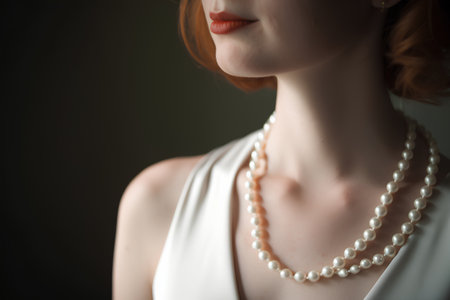 Beautiful young woman with pearls on dark background, closeupの素材