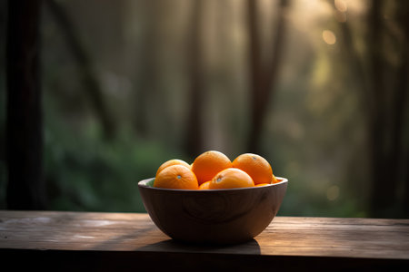 Oranges in a wooden bowl on a wooden table in the gardenの素材
