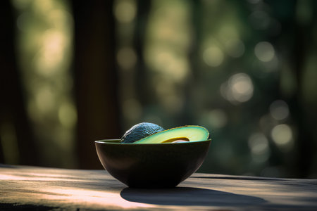 Avocado in a bowl on wooden table with bokeh backgroundの素材