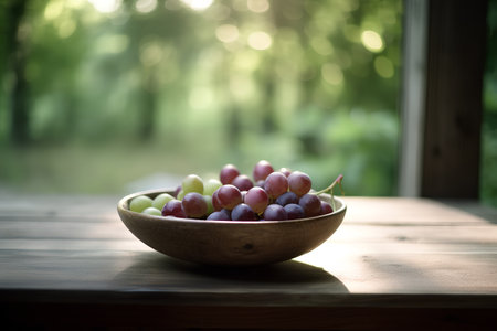 Grapes in a wooden bowl on a wooden table in the gardenの素材