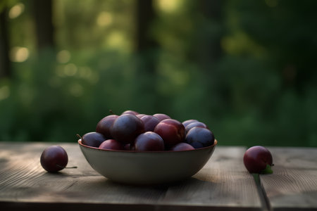 Fresh plums in a bowl on a wooden table in the gardenの素材