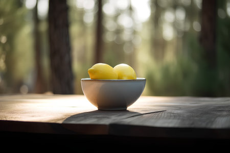 Lemon in a bowl on a wooden table in the forest.の素材