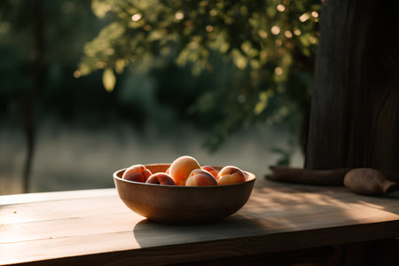 Fresh apricots in a wooden bowl on a table in the gardenの素材