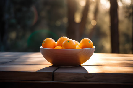 Oranges in a bowl on a wooden table in the sunlight.の素材