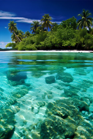 Tropical island with palm trees and turquoise water.の素材