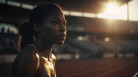 Young african american female athlete standing on track and looking awayの素材