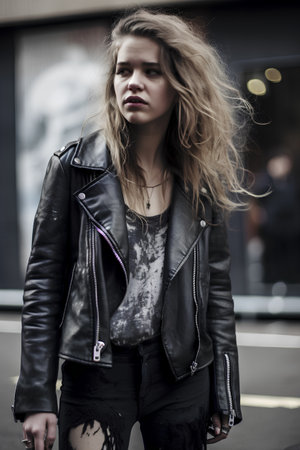Portrait of a beautiful young woman with long blond hair, wearing a black leather jacket, standing on the street.の素材