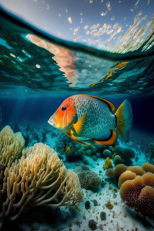 Underwater view of tropical coral reef with fishes and corals.の素材