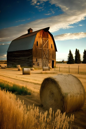 An old barn and bales of hay on a farm in Oregonの素材