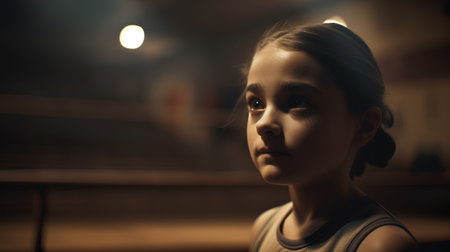 Portrait of a little girl in a dark room with lights.の素材
