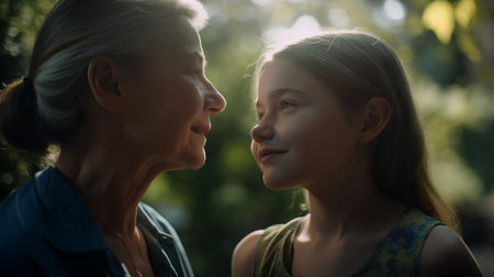 Portrait of mother and daughter looking at each other in summer parkの素材