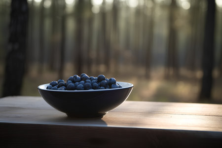 Blueberries in a bowl on a wooden table in the forest.の素材