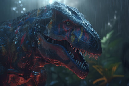 Dinosaur T-rex in the rain, 3d render.の素材