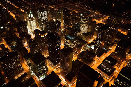 New York City Manhattan skyline at night with skyscrapers illuminated.の素材
