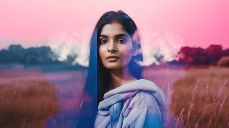 Fashion portrait of young beautiful woman in the field at sunset.の素材