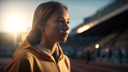 Portrait of a sporty young woman on the stadium at sunsetの素材